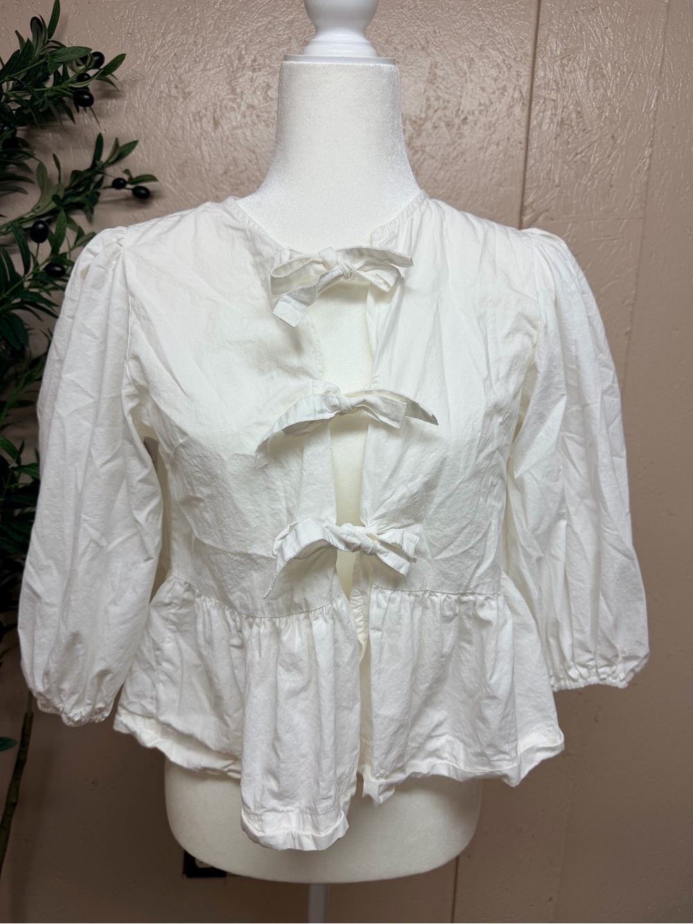 White Tie-Front Peplum Short-Sleeve Blouse